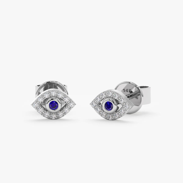 White Gold Diamond Sapphire Evil Eye Studs