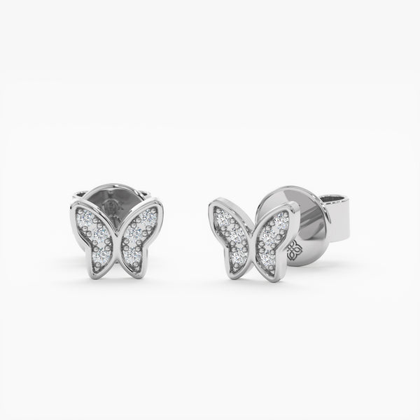 handcrafted pair of solid 14k White Gold Diamond Butterfly Studs