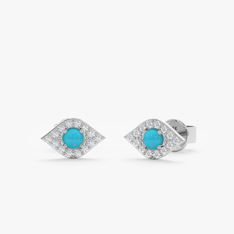 White Gold Diamond Turquoise Evil Eye Studs