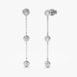 Pair of 3 bezel diamond solid 14k white gold drop earring studs