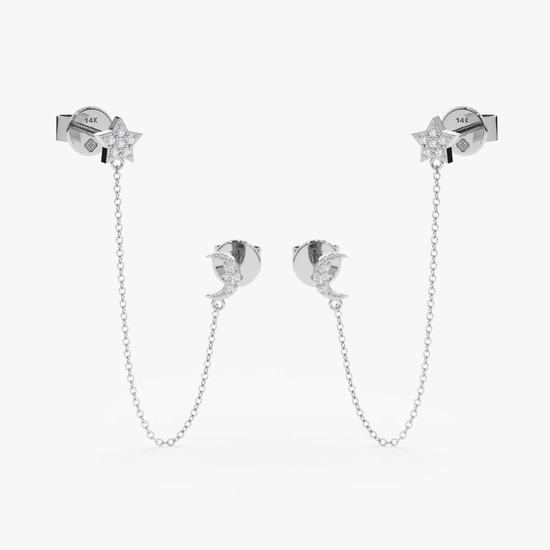 White Gold Diamond Moon and Star Chain Earrings