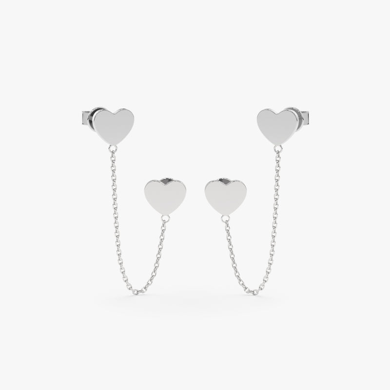 handcrafted pair of solid 14k White Gold Heart Chain Stud earrings
