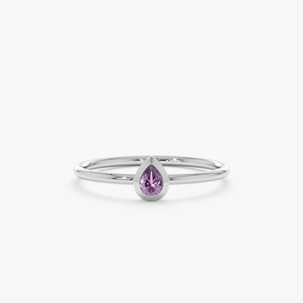 White Gold Pear Shaped Amethyst Bezel Ring