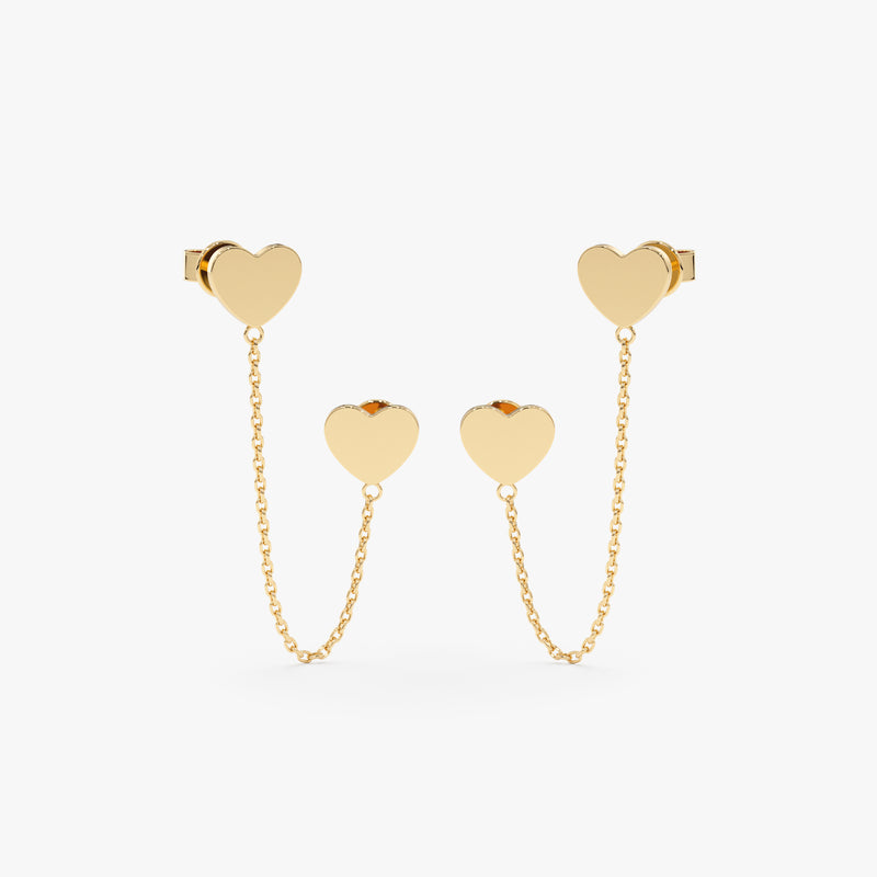 Solid Gold Double Heart Chain Earrings