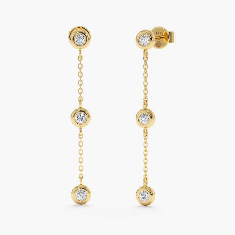 Yellow Gold Diamond 3 Station Drop Earrings