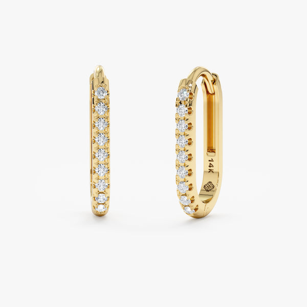 Handmade pair of U Shape Thin Diamond encrusted Hoop earrings in solid 14k gold