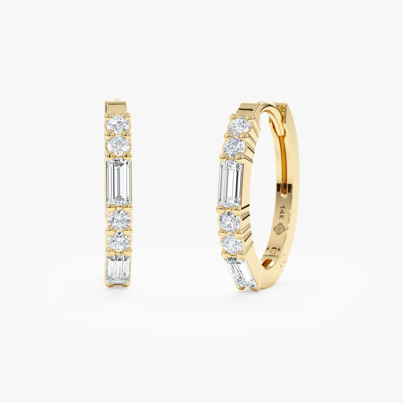 Round and Baguette Diamond Gold Huggies