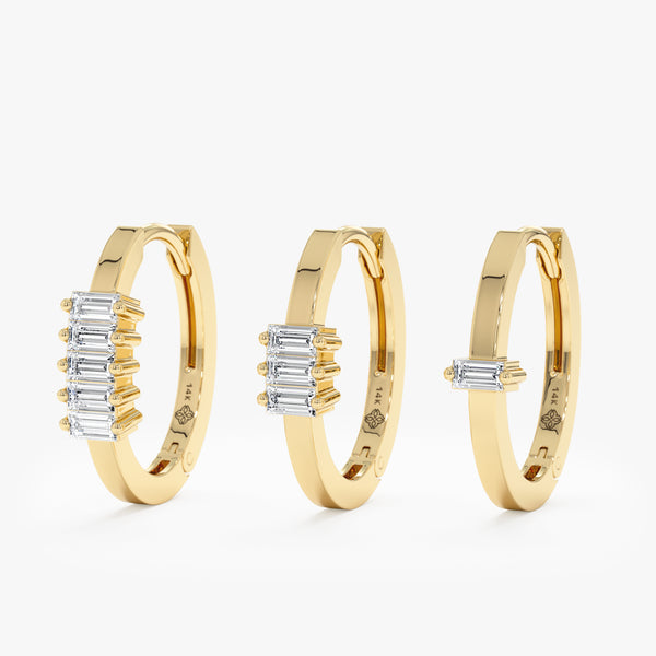 Baguette Diamond Hoop Earrings with three different diamond options in solid gold