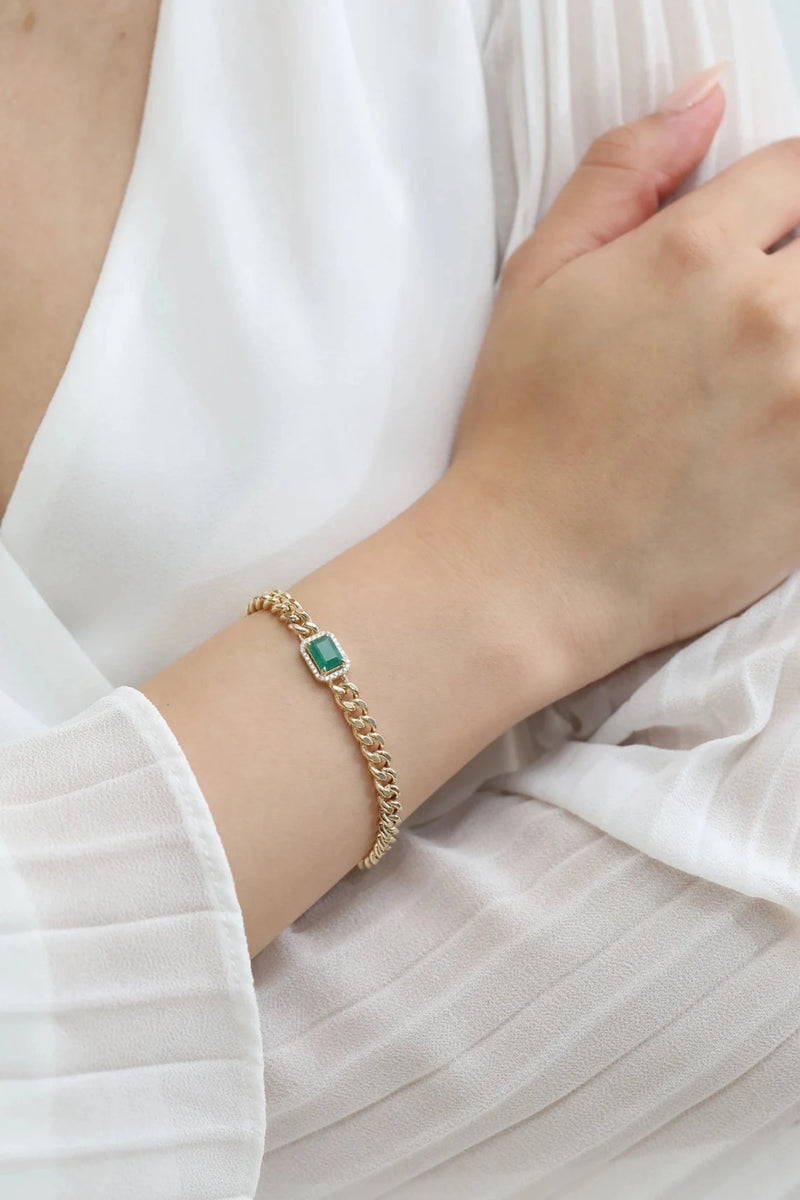 natural emerald and diamond miami chain bracelet
