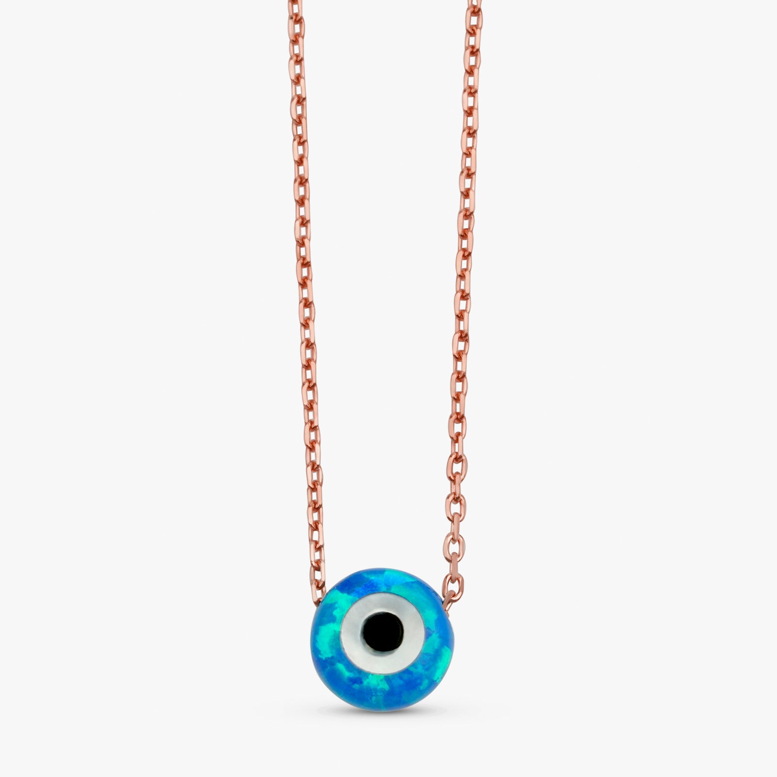 Handcrafted, Natural Blue Opal Evil Eye Necklace, Solid Gold