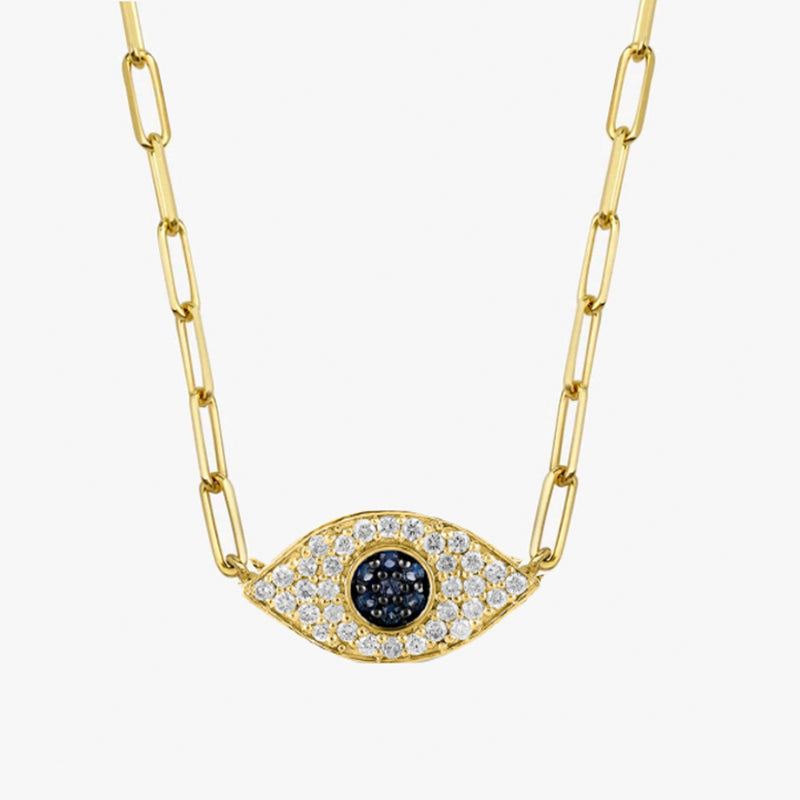 natural Diamond and blue sapphires handmade evil eye necklace with paper clip chain