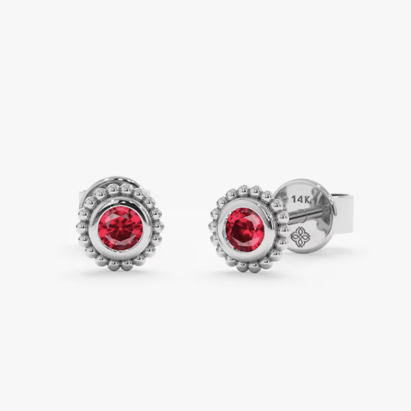 Handmade pair of solid 14k white gold art deco style ruby bezel stud earrings