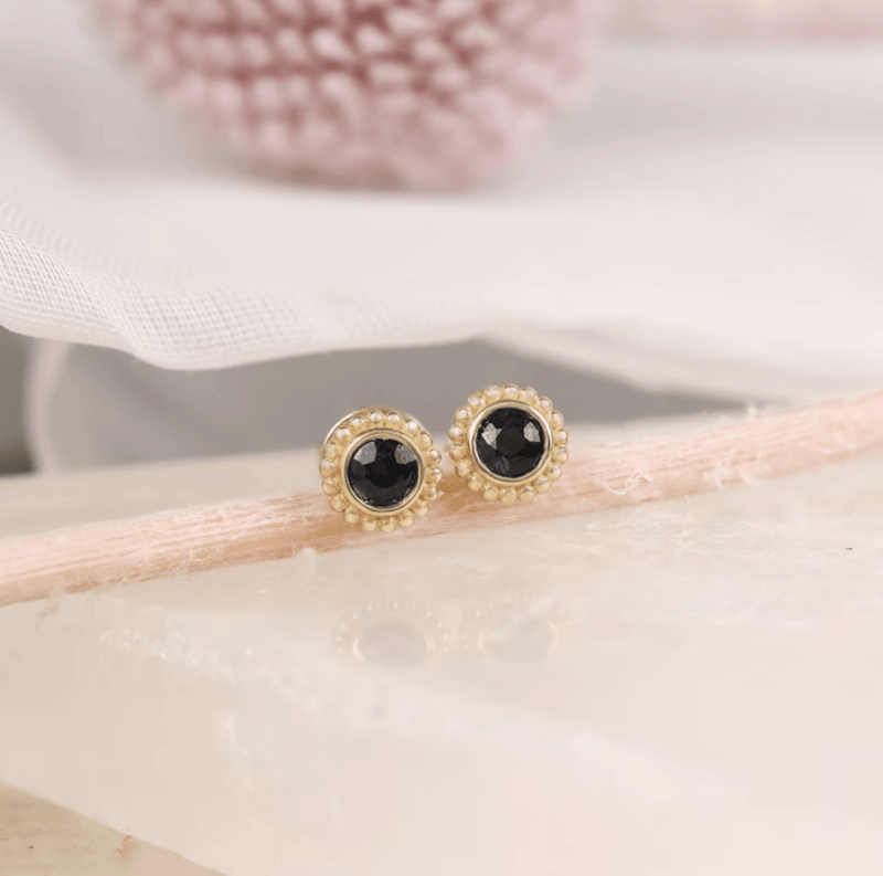 Pair of handcrafted dainty black onyx art deco style bezel frame in 14k solid gold